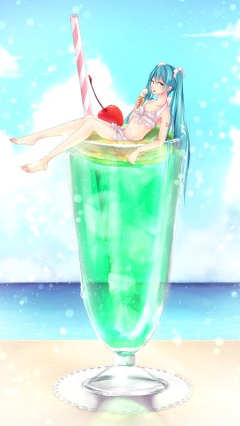 Anime picture 801x1422 with vocaloid hatsune miku honegumi single long hair tall image looking at viewer twintails aqua eyes aqua hair bare legs girl swimsuit bikini food sweets ice cream drink berry (berries) cherry