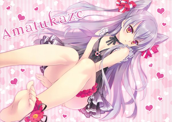 Anime picture 4651x3299 with kantai collection amatsukaze destroyer carnelian single long hair looking at viewer blush highres light erotic absurdres silver hair barefoot scan bare legs two side up character names multicolored eyes girl dress flower (flowers)