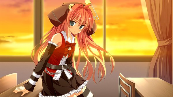 Anime picture 1280x720 with fortissimo//akkord:bsusvier (game) ooba kagerou long hair looking at viewer blush smile wide image green eyes game cg red hair evening sunset girl thighhighs skirt bow striped thighhighs chair