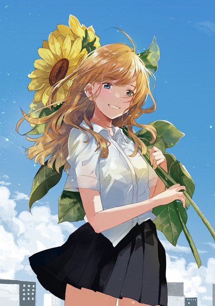 Anime picture 595x842 with original fly (marguerite) single long hair tall image blush blue eyes blonde hair smile holding looking away sky cloud (clouds) ahoge wind girl uniform flower (flowers) school uniform transparent clothing