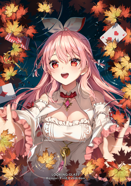 Anime picture 1000x1414 with virtual youtuber atelier live pinku (vtuber) rosuuri single long hair tall image blush fringe breasts open mouth hair between eyes red eyes bare shoulders looking away pink hair cleavage :d text reflection