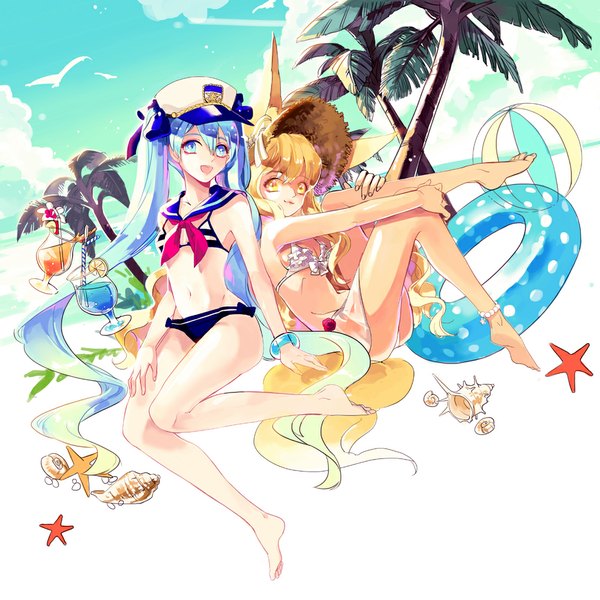 Anime picture 1000x1000 with vocaloid hatsune miku seeu platina77 long hair looking at viewer short hair open mouth blue eyes blonde hair twintails multiple girls yellow eyes blue hair barefoot legs girl 2 girls swimsuit plant (plants)