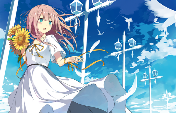 Anime picture 1500x965 with original sutorora single long hair blush open mouth blue eyes smile brown hair holding looking away from below girl dress flower (flowers) animal white dress bird (birds) feather (feathers) sunflower