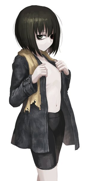 Anime picture 595x1228 with original hetza (hellshock) single tall image looking at viewer short hair light erotic black hair simple background white background girl navel