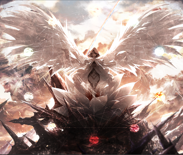 Anime picture 1264x1077 with original c.c.r single looking at viewer highres short hair smile brown hair wide image standing sky cloud (clouds) full body black eyes lens flare landscape angel wings hands clasped white wings rock