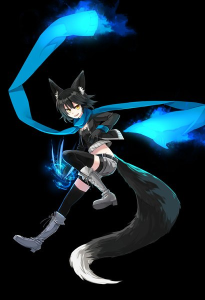Anime picture 781x1142 with original kaida (artist) single tall image looking at viewer short hair open mouth black hair simple background animal ears yellow eyes bent knee (knees) tail animal tail open clothes open jacket bare belly fox ears magic glowing