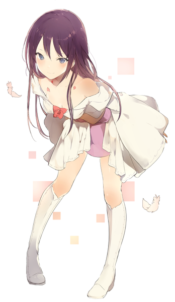 Anime picture 580x1000 with original lpip single long hair tall image blush fringe simple background hair between eyes white background bare shoulders purple hair full body leaning leaning forward strap slip body blush girl dress boots