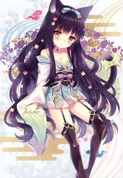 Anime picture 2101x3026 with wasabi (sekai) single tall image looking at viewer highres breasts bare shoulders brown eyes animal ears cleavage purple hair bent knee (knees) tail very long hair traditional clothes head tilt japanese clothes animal tail hair flower cat ears