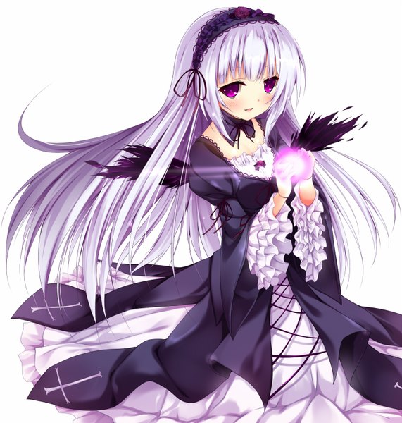 Anime picture 1500x1576 with rozen maiden suigintou nironiro single long hair tall image blush simple background white background purple eyes silver hair puffy sleeves light lolita fashion goth-loli doll joints girl dress ribbon (ribbons) wings