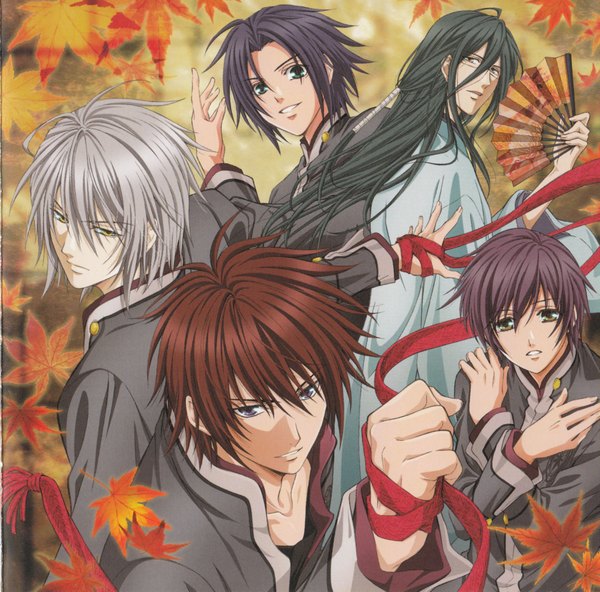 Anime picture 1885x1861 with hiiro no kakera yuuichi komura onizaki takuma mahiro atori inukai shinji suguru oomi long hair looking at viewer highres short hair black hair smile purple eyes green eyes yellow eyes blue hair silver hair red hair japanese clothes light smile