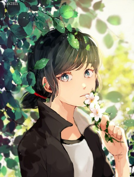Anime picture 730x960 with miraculous ladybug marinette cheng csh39052 single tall image fringe short hair blue eyes black hair twintails holding outdoors parted lips sunlight low twintails girl flower (flowers) leaf (leaves) branch