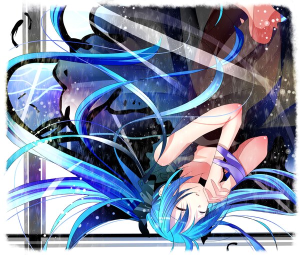 Anime picture 2350x2000 with vocaloid shinkai shoujo (vocaloid) hatsune miku umi no suzuka single long hair blush highres open mouth twintails bare shoulders eyes closed aqua hair bondage hands clasped upside down girl dress hair ornament black dress