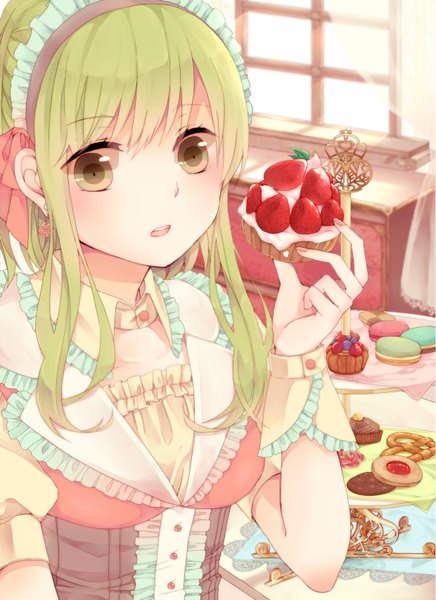 Anime picture 1240x1703 with vocaloid gumi kirakira0926k single long hair tall image looking at viewer blush open mouth green eyes green hair sunlight girl hair ornament flower (flowers) earrings food sweets rose (roses) jewelry