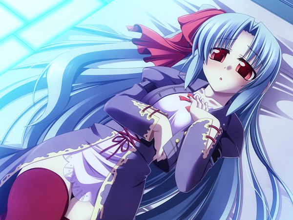 Anime picture 1200x900 with enbou no felshis long hair red eyes blue hair game cg lying girl