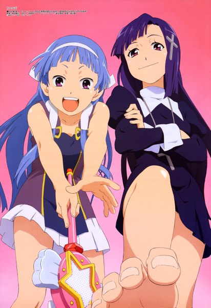 Anime picture 4081x5937 with kannagi megami magazine nagi (kannagi) zange noda yasuyuki long hair tall image highres open mouth smile red eyes purple eyes multiple girls blue hair absurdres barefoot official art legs girl dress