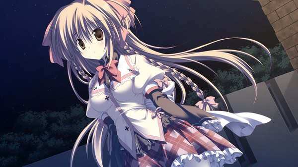 Anime picture 1280x720 with gakuou konoe akari korie riko long hair brown hair wide image brown eyes game cg braid (braids) girl uniform bow ribbon (ribbons) hair ribbon school uniform