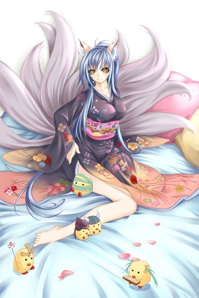 Anime picture 1000x1500 with league of legends ahri (league of legends) single tall image looking at viewer brown eyes animal ears blue hair very long hair japanese clothes animal tail multiple tails girl kimono
