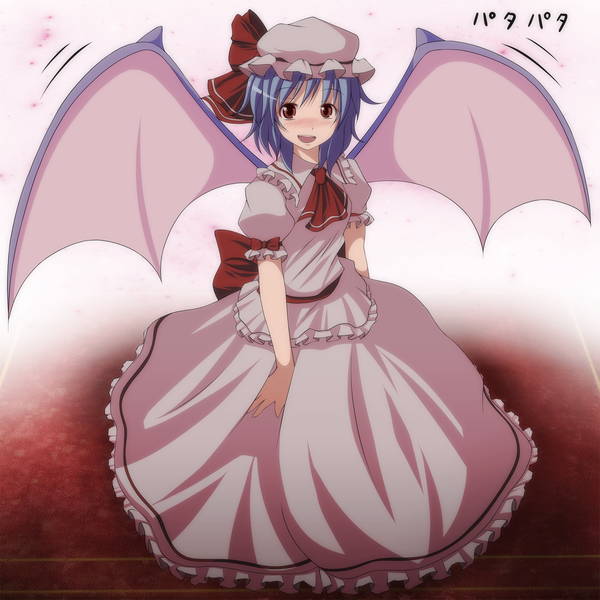 Anime picture 1500x1500 with touhou remilia scarlet s-syogo single looking at viewer blush short hair red eyes blue hair girl dress bow wings frills bonnet