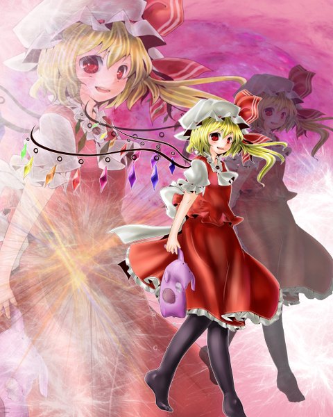 Anime picture 2000x2500 with touhou flandre scarlet single tall image highres short hair blonde hair red eyes one side up zoom layer girl dress skirt hat wings headdress toy stuffed animal skirt set crystal