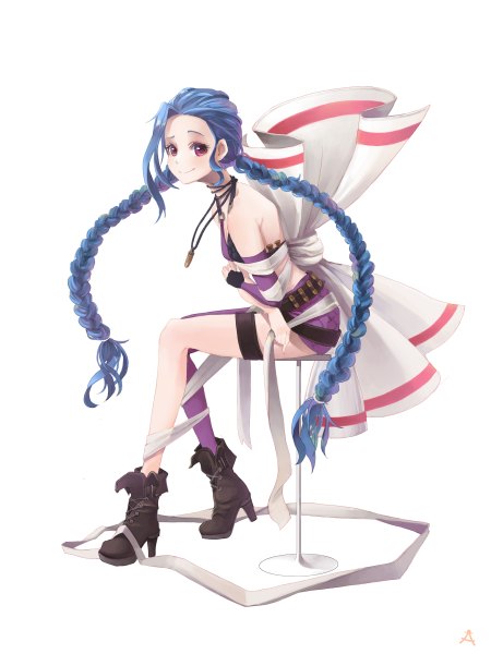 Anime picture 1800x2400 with league of legends jinx (league of legends) tagme (artist) single long hair tall image looking at viewer blush highres simple background smile white background sitting bare shoulders holding blue hair braid (braids) pink eyes high heels twin braids