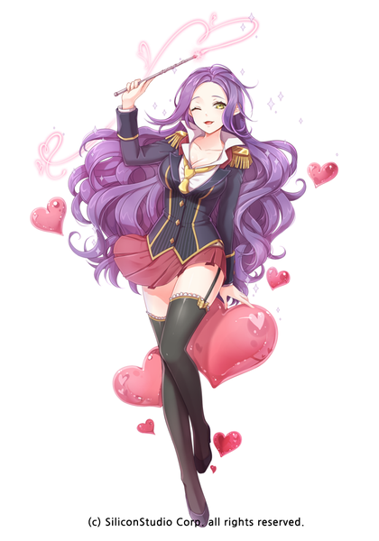 Anime picture 700x1000 with gyakushuu no fantasica millgua single long hair tall image looking at viewer open mouth simple background white background yellow eyes purple hair one eye closed wink girl thighhighs skirt black thighhighs miniskirt heart