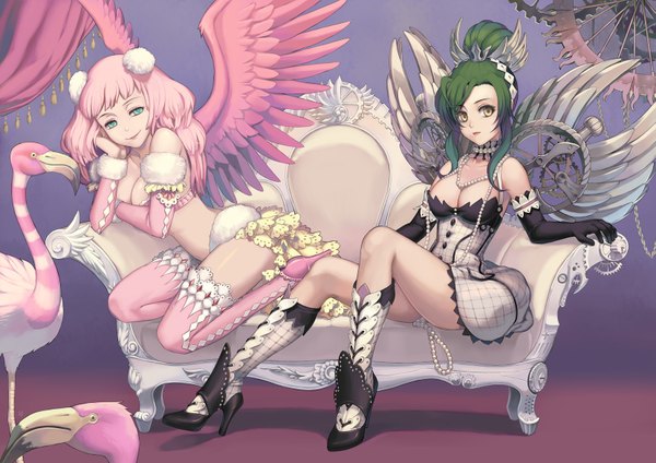 Anime picture 1653x1169 with original 1000marie long hair looking at viewer breasts light erotic smile sitting bare shoulders multiple girls green eyes yellow eyes pink hair green hair high heels lipstick chin rest girl dress gloves
