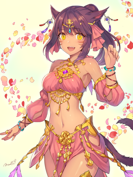 Anime picture 800x1066 with final fantasy final fantasy xiv square enix miqo'te momoko (momopoco) single tall image looking at viewer fringe open mouth brown hair animal ears yellow eyes ponytail tail animal tail cat ears open clothes teeth bare belly