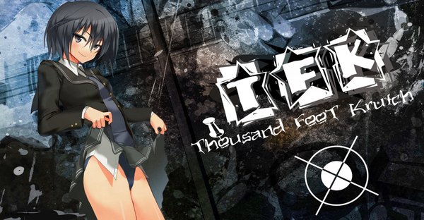 Anime picture 2000x1043 with k.g single highres short hair light erotic black hair smile wide image grey eyes upskirt girl dress skirt uniform school uniform necktie