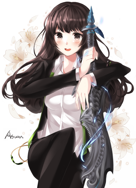 Anime picture 1586x2183 with blade & soul asum single long hair tall image looking at viewer blush fringe breasts open mouth black hair smile grey eyes girl weapon shirt sword white shirt
