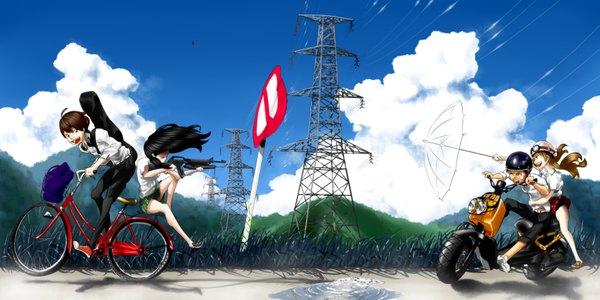 Anime picture 3600x1800 with original pikushibuaidhy long hair highres short hair open mouth black hair smile brown hair wide image sitting brown eyes sky cloud (clouds) profile pleated skirt wind shadow legs mountain