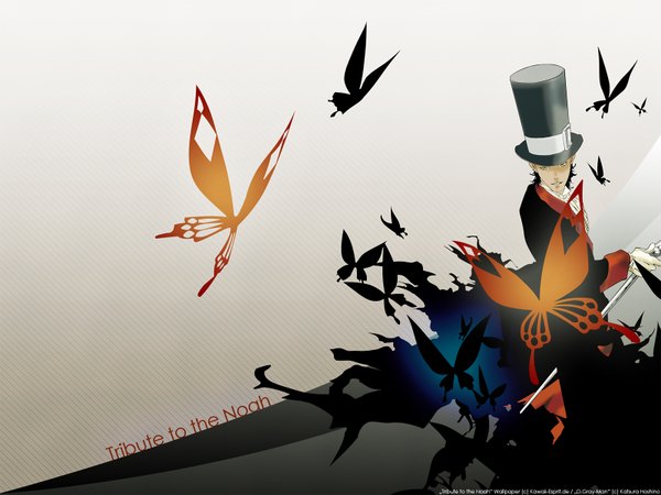 Anime picture 1600x1200 with d.gray-man tyki mikk hoshino katsura maji (minitokyo) single looking at viewer short hair black hair signed yellow eyes grey background copyright name third-party edit boy gloves white gloves insect butterfly suit top hat