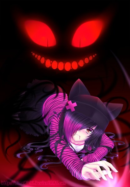 Anime picture 1250x1801 with original rimapichi single long hair tall image fringe black hair red eyes brown eyes pink hair pleated skirt multicolored hair hair over one eye two-tone hair magic gradient hair girl skirt blood sweater