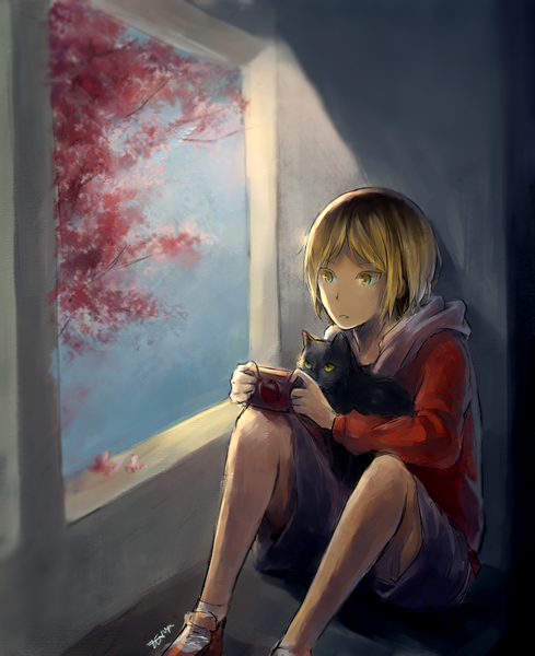 Anime picture 721x884 with haikyuu!! production i.g kozume kenma zenzyx single tall image short hair black hair blonde hair sitting holding signed yellow eyes sky full body indoors multicolored hair sunlight inscription two-tone hair