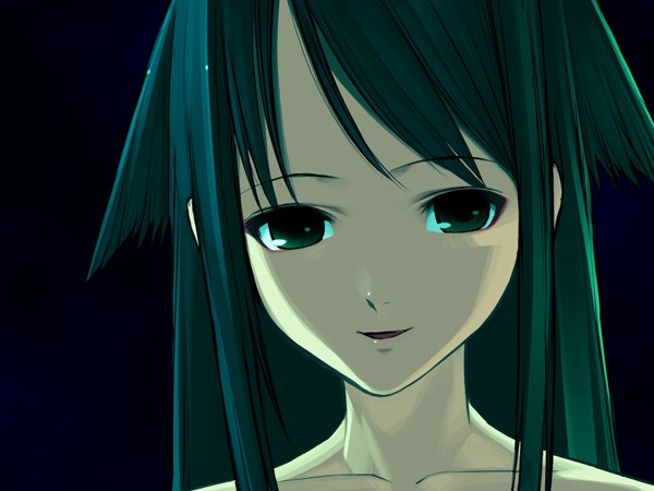 Anime picture 1200x900 with saya no uta nitroplus saya (saya no uta) chuuou higashiguchi single long hair looking at viewer simple background smile green eyes game cg green hair dark background shaded face face girl