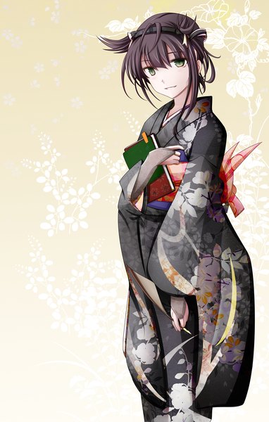 Anime picture 1257x1974 with kantai collection hatsuzuki destroyer fudo shin single tall image looking at viewer short hair black hair green eyes traditional clothes japanese clothes girl hairband kimono obi