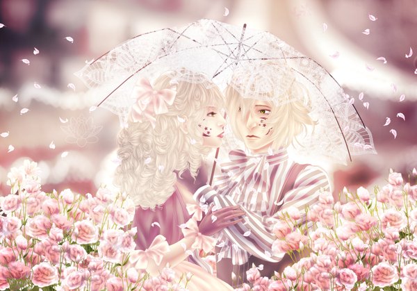 Anime picture 3543x2480 with original yaroslavapanina long hair fringe highres short hair blonde hair green eyes absurdres profile lips sunlight hair over one eye couple hug wavy hair striped face to face face paint curly hair