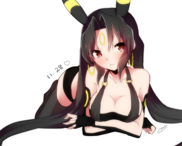 Anime picture 1000x800 with pokemon moemon nintendo umbreon takeshima eku single looking at viewer blush breasts light erotic simple background red eyes large breasts white background bare shoulders signed cleavage lying very long hair facial mark