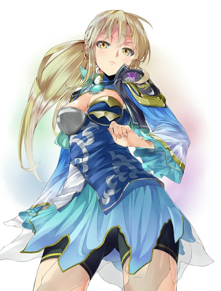 Anime picture 799x1051 with shin sangoku musou wang yuanji mamedenkyuu (berun) single long hair tall image looking at viewer fringe breasts simple background blonde hair standing yellow eyes ponytail long sleeves wide sleeves side ponytail top-down bottom-up girl shorts