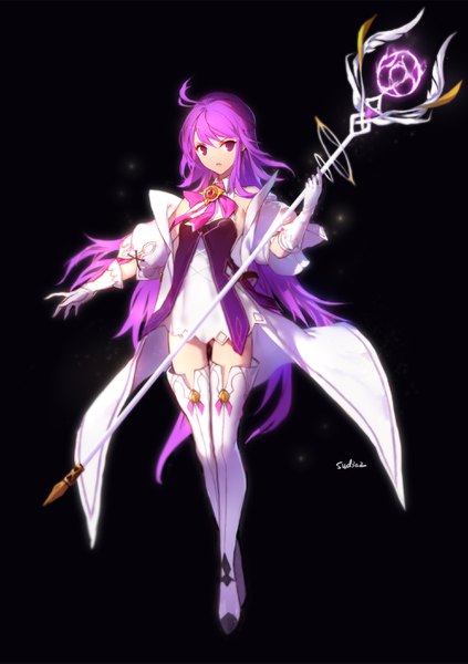 Anime picture 2000x2834 with elsword aisha landar aether sage (elsword) swd3e2 single long hair tall image looking at viewer fringe highres open mouth simple background hair between eyes purple eyes holding signed purple hair full body ahoge zettai ryouiki