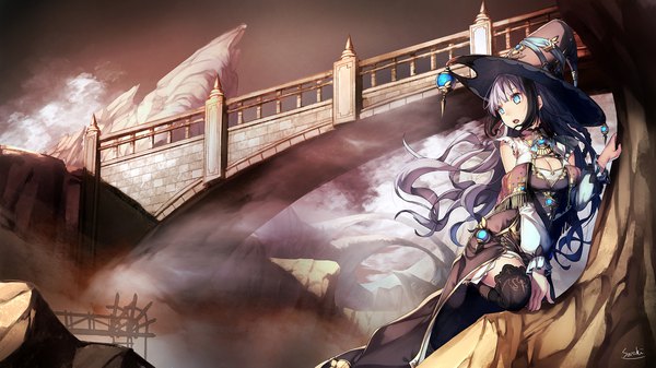 Anime picture 1920x1079 with original saraki single long hair fringe highres breasts open mouth blue eyes black hair wide image signed payot looking away sky purple hair cloud (clouds) bent knee (knees) blunt bangs multicolored hair
