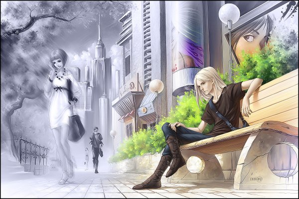 Anime picture 1206x806 with original denoro long hair short hair open mouth blonde hair smile brown hair sitting bare shoulders brown eyes sky cloud (clouds) city walking girl dress boy plant (plants) tree (trees)