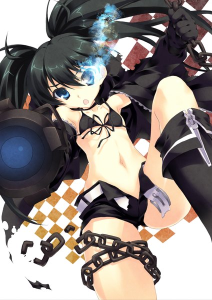 Anime picture 2480x3508 with black rock shooter black rock shooter (character) aoi sora-maru single long hair tall image highres open mouth blue eyes light erotic black hair twintails glowing glowing eye (eyes) girl weapon shorts chain bikini top