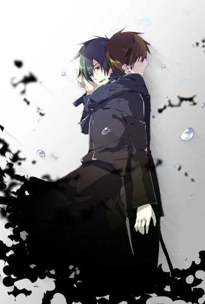Anime picture 1114x1654 with ao no exorcist a-1 pictures okumura rin okumura yukio tall image fringe short hair open mouth black hair brown hair eyes closed multiple boys hug tears crying boy 2 boys cloak