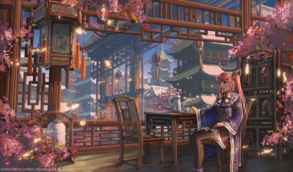 Anime picture 1250x734 with original bespin single long hair blush open mouth wide image sitting twintails looking away pink hair traditional clothes pink eyes fantasy scenic girl thighhighs hair ornament flower (flowers) black thighhighs