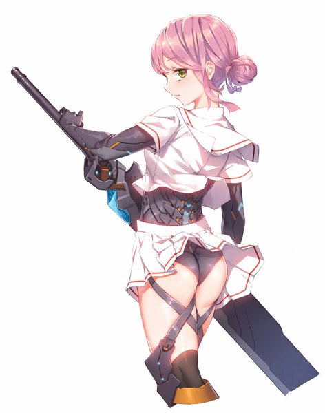 Anime picture 900x1144 with original fangxiang cuoluan single tall image looking at viewer short hair light erotic simple background standing white background pink hair profile pleated skirt looking back from behind hair bun (hair buns) mechanical skirt flip girl thighhighs