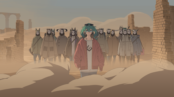 Anime picture 1920x1080 with vocaloid suna no wakusei (vocaloid) hatsune miku task utsushita long hair looking at viewer fringe highres hair between eyes wide image standing twintails green eyes green hair open jacket official art sleeves past wrists sunglasses on head serious ruins