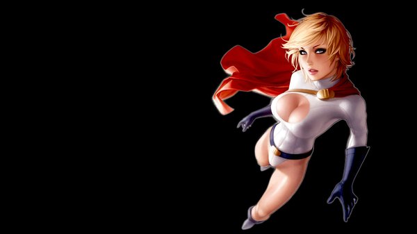 Anime picture 1920x1080 with dc comics power girl single looking at viewer highres short hair breasts open mouth blue eyes light erotic simple background blonde hair wide image large breasts game cg cleavage wallpaper black background superhero girl