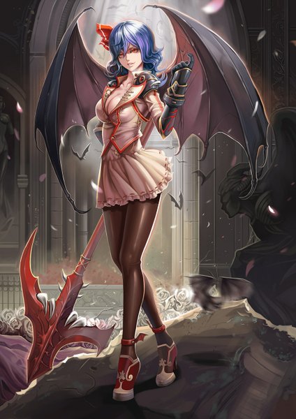 Anime picture 992x1404 with touhou remilia scarlet dantewontdie single long hair tall image looking at viewer red eyes blue hair cleavage high heels bat wings vampire alternate age girl dress gloves flower (flowers) ribbon (ribbons) weapon