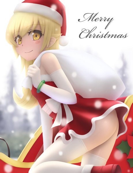 Anime picture 1000x1300 with bakemonogatari shaft (studio) monogatari (series) oshino shinobu siraha single long hair tall image blush light erotic blonde hair smile yellow eyes looking away ass christmas merry christmas girl thighhighs dress