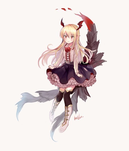Anime picture 700x818 with granblue fantasy vampy belldot single long hair tall image blush fringe simple background blonde hair red eyes signed looking away from above pointy ears grey background eyebrows head wings frilly skirt :t